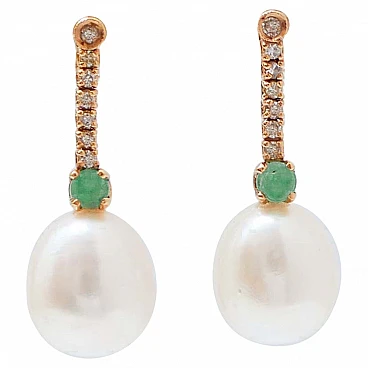 White Pearls, Emeralds, Diamonds, 14 Karat Rose Gold Tennis Earrings