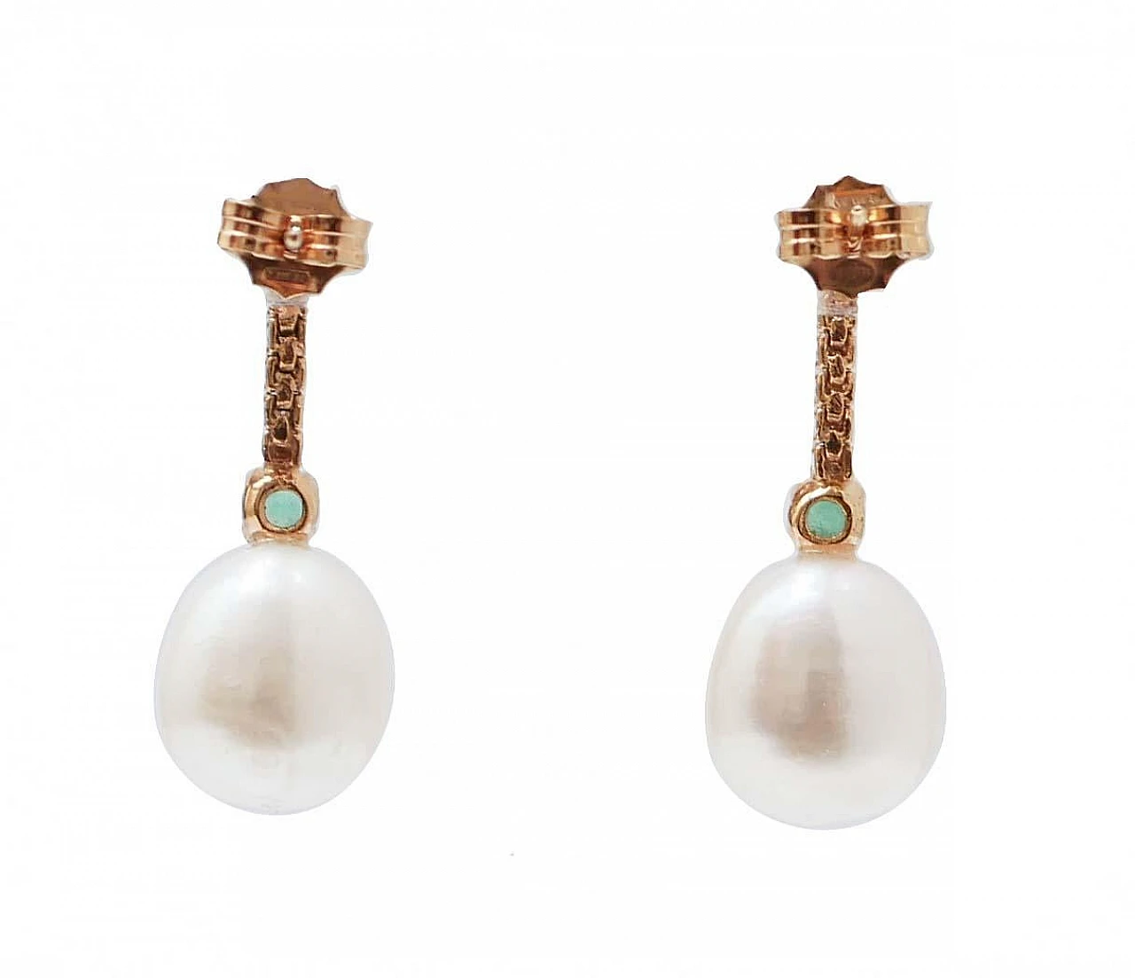 White Pearls, Emeralds, Diamonds, 14 Karat Rose Gold Tennis Earrings 3