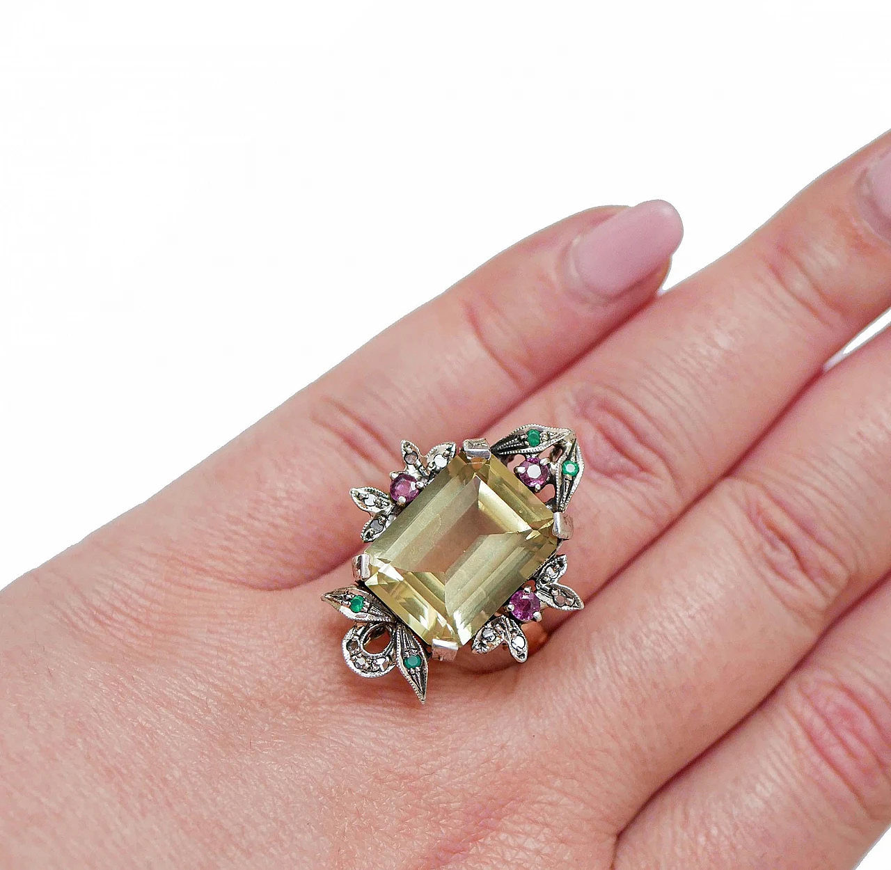 Topaz, Emeralds, Rubies, Diamonds, Rose Gold and Silver Ring. 5