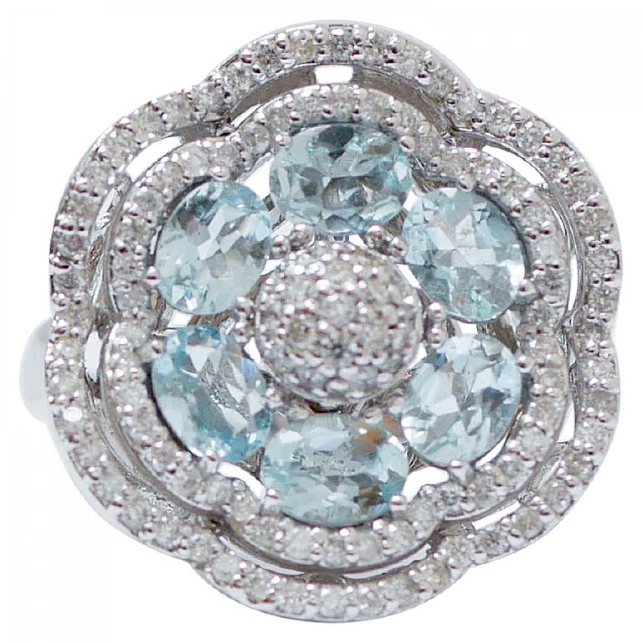 Aquamarine, Diamonds, 18 Karat White Gold Flower Ring. 1