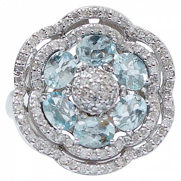 Aquamarine, Diamonds, 18 Karat White Gold Flower Ring.