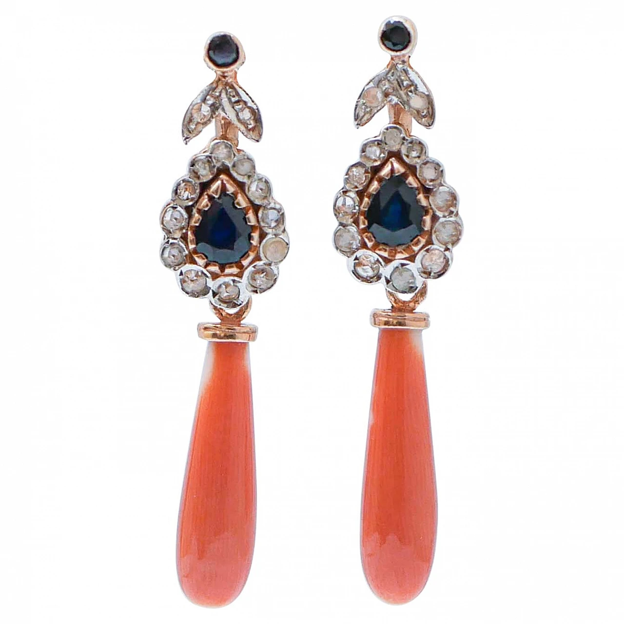 Coral, Sapphires, Diamonds, Rose Gold and Silver Earrings. 1