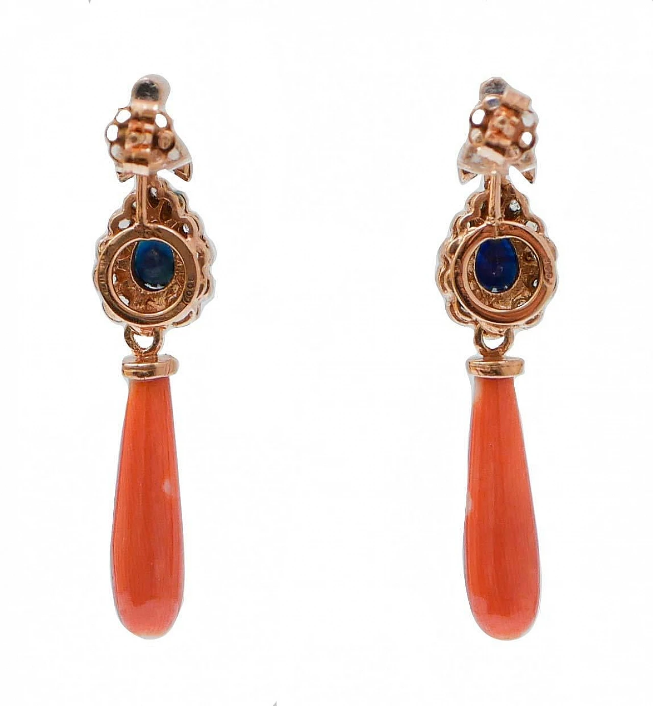 Coral, Sapphires, Diamonds, Rose Gold and Silver Earrings. 3