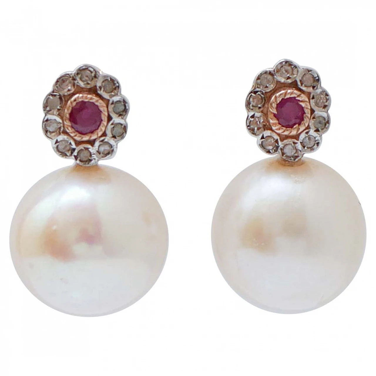 White Pearls, Rubies, Diamonds, Rose Gold and Silver Earrings. 1