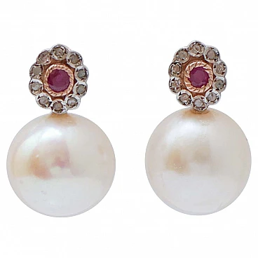 White Pearls, Rubies, Diamonds, Rose Gold and Silver Earrings.