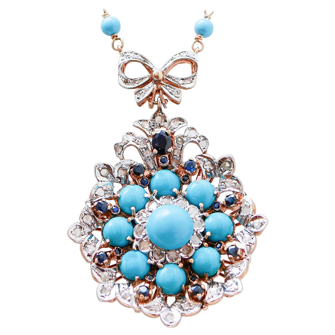 Magnesite, Turquoise, Sapphires, Diamonds, Rose Gold and Silver Pendant Necklace 1