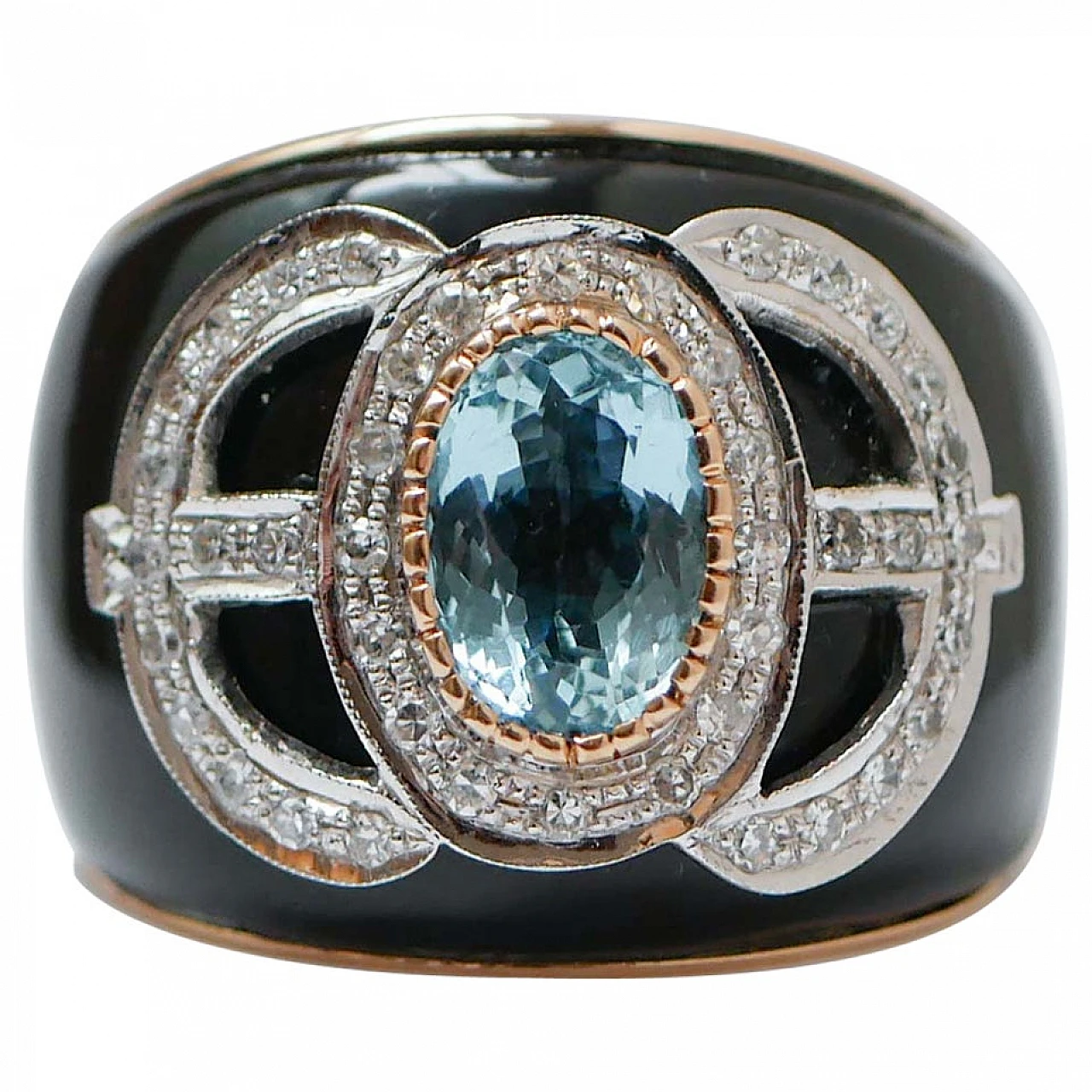 14 kt rose gold ring with aquamarine, onyx, diamonds, 1970s 1