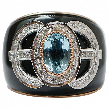 14 kt rose gold ring with aquamarine, onyx, diamonds, 1970s