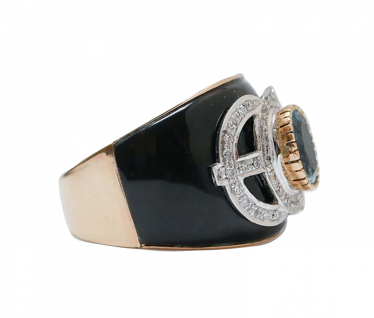 14 kt rose gold ring with aquamarine, onyx, diamonds, 1970s 2