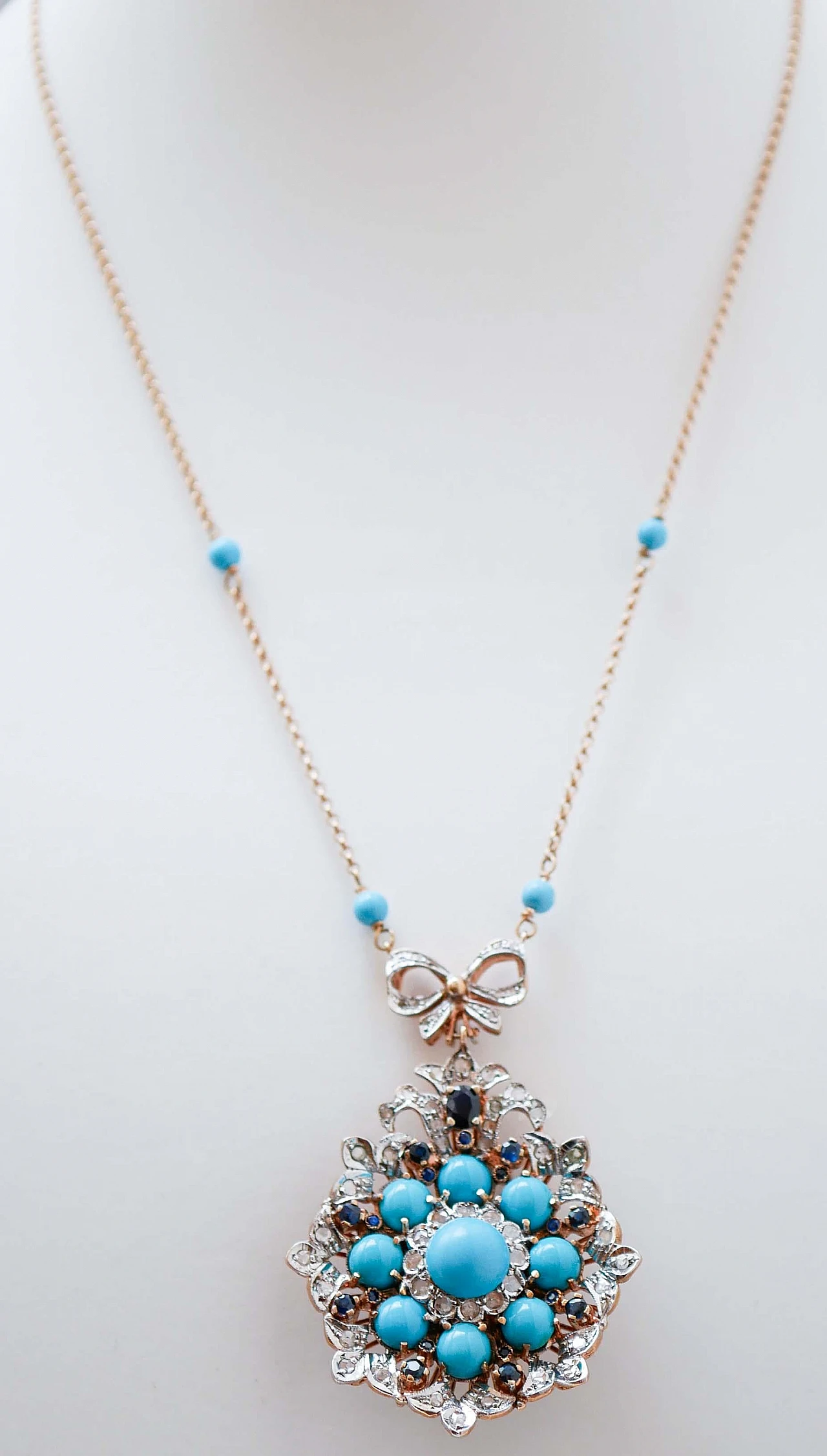 Magnesite, Turquoise, Sapphires, Diamonds, Rose Gold and Silver Pendant Necklace 2