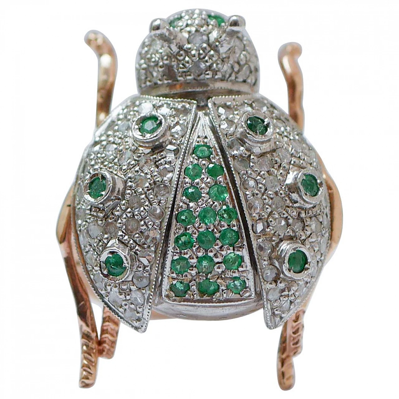 Emeralds, Diamonds, Rose Gold and Silver Ladybug Shape Ring 1