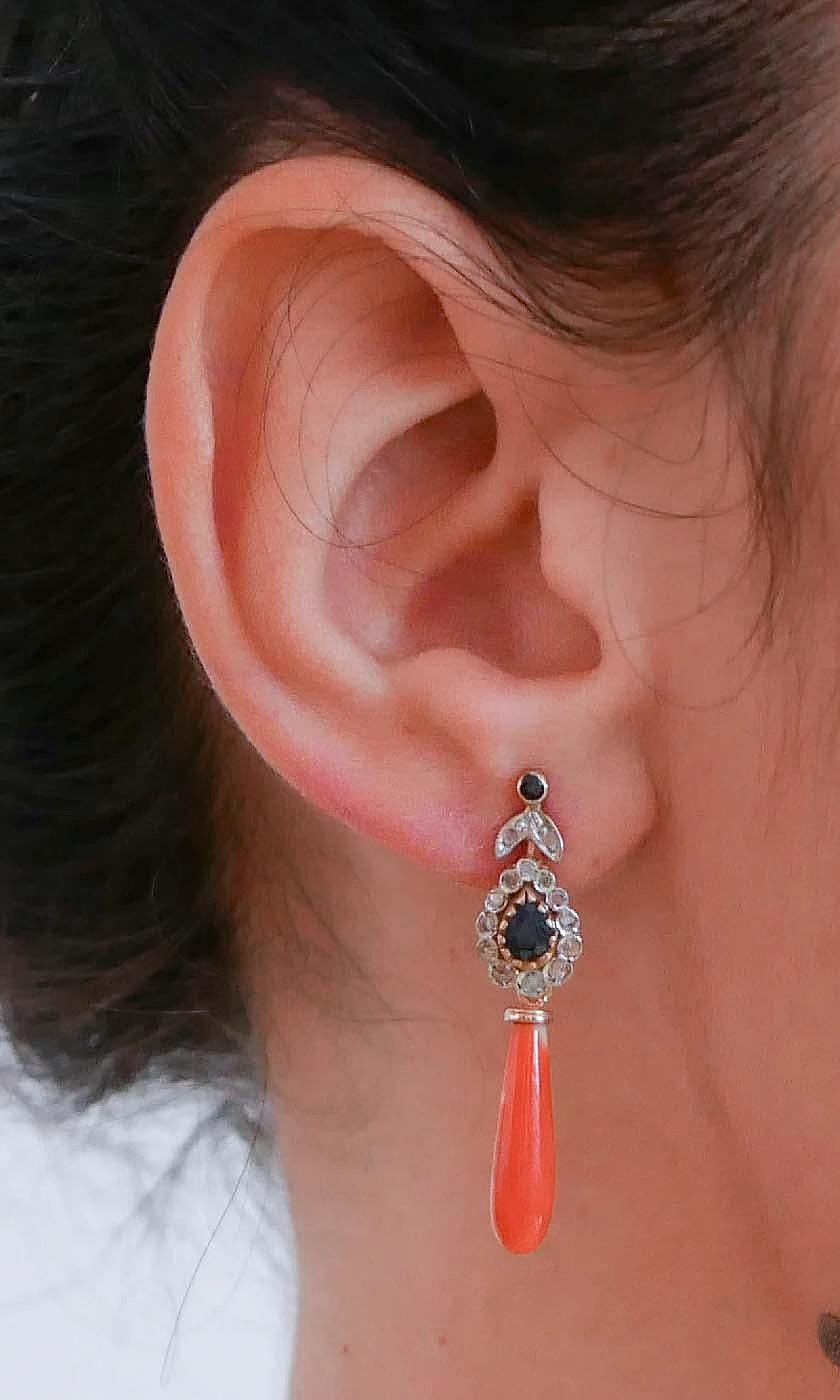 Coral, Sapphires, Diamonds, Rose Gold and Silver Earrings. 5