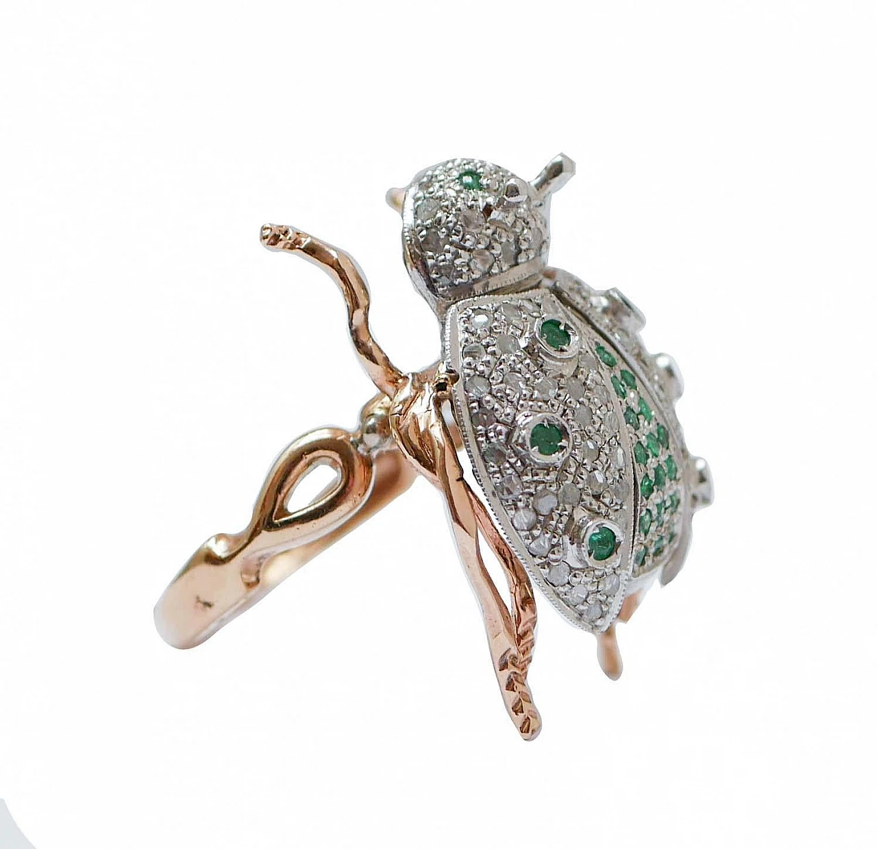 Emeralds, Diamonds, Rose Gold and Silver Ladybug Shape Ring 2