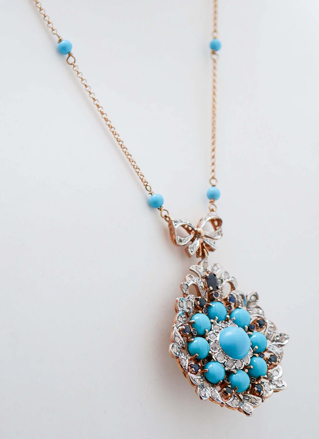 Magnesite, Turquoise, Sapphires, Diamonds, Rose Gold and Silver Pendant Necklace 3