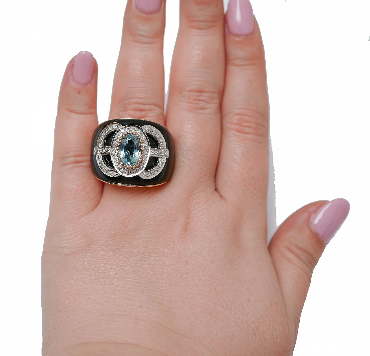 14 kt rose gold ring with aquamarine, onyx, diamonds, 1970s 4