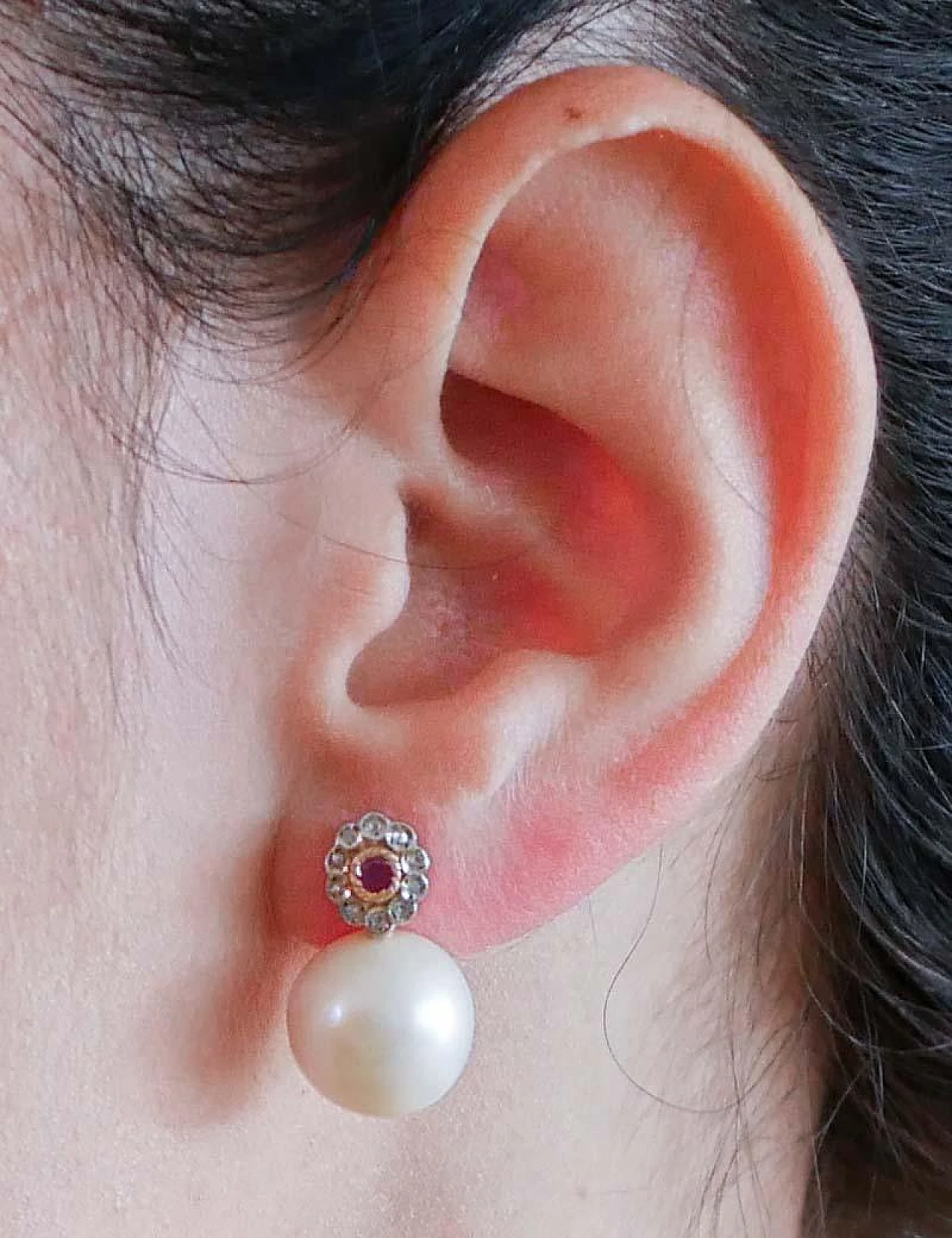 White Pearls, Rubies, Diamonds, Rose Gold and Silver Earrings. 5