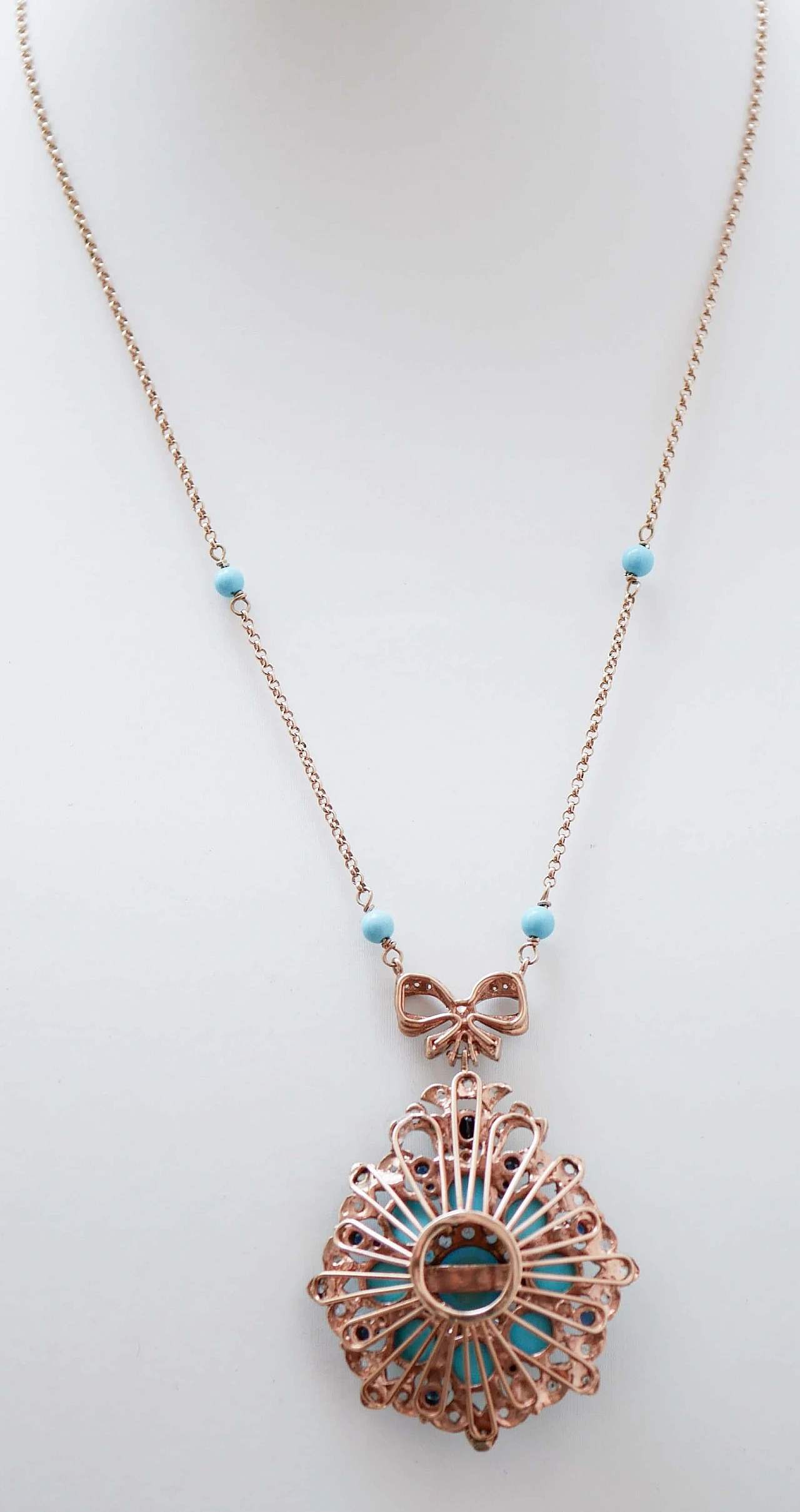 Magnesite, Turquoise, Sapphires, Diamonds, Rose Gold and Silver Pendant Necklace 4