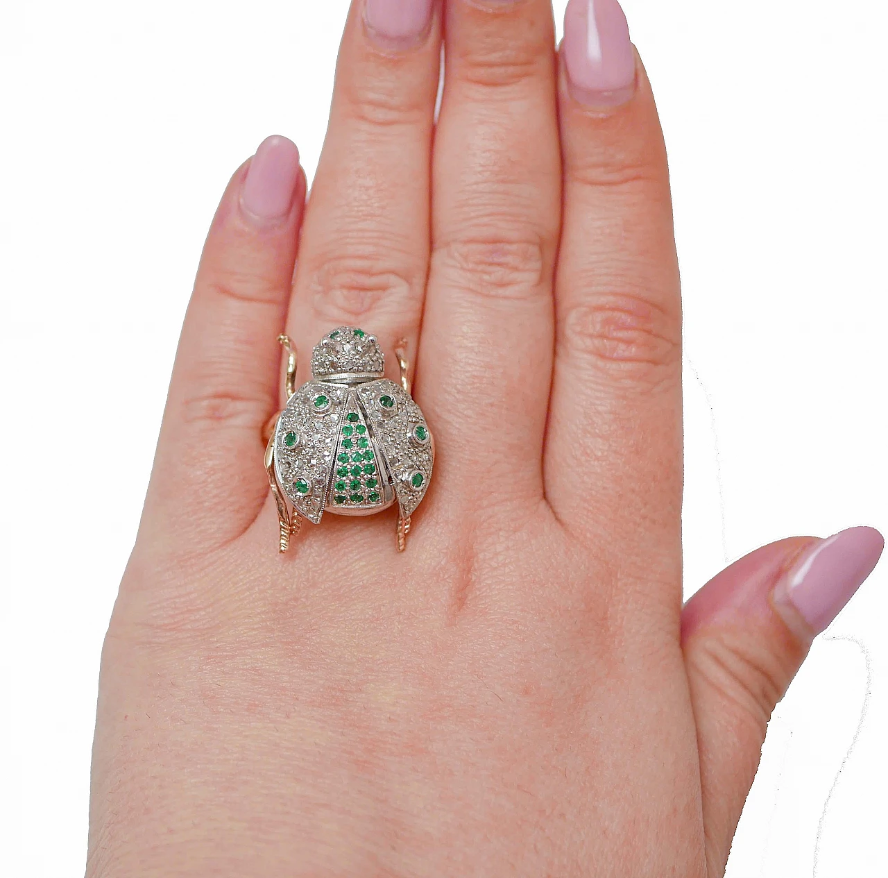 Emeralds, Diamonds, Rose Gold and Silver Ladybug Shape Ring 4