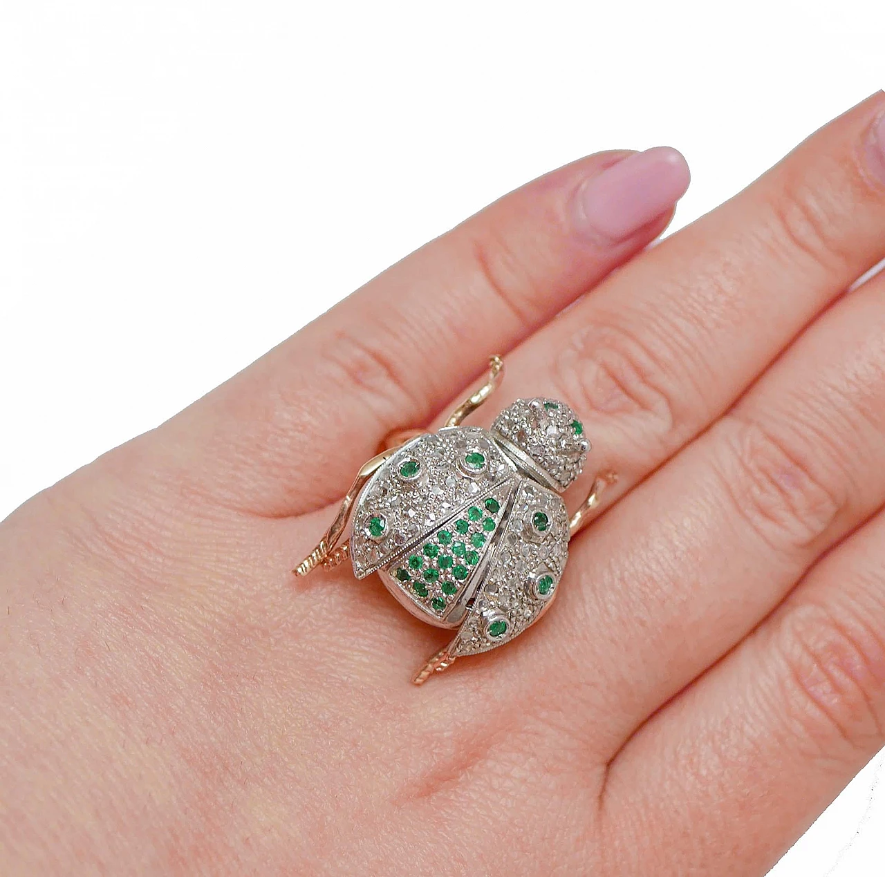 Emeralds, Diamonds, Rose Gold and Silver Ladybug Shape Ring 5