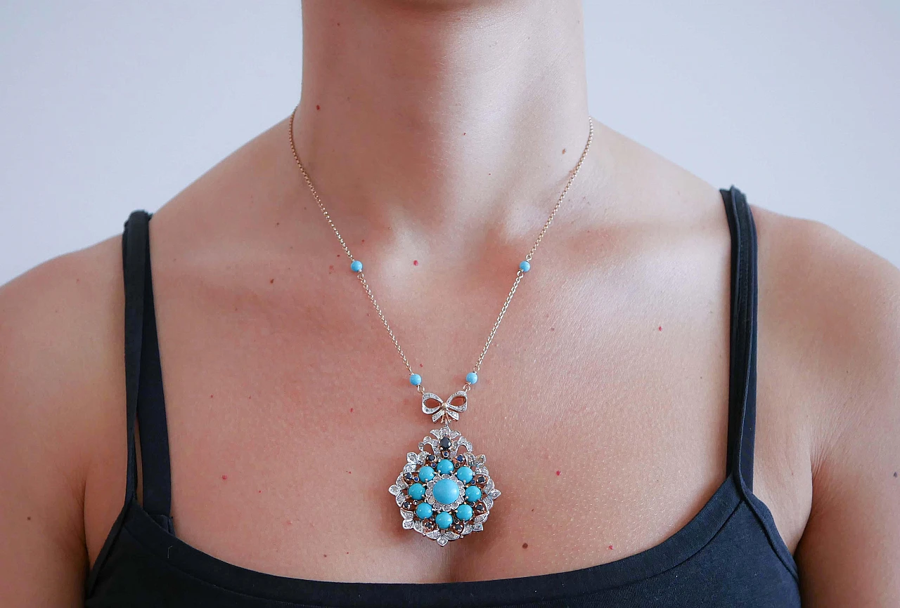 Magnesite, Turquoise, Sapphires, Diamonds, Rose Gold and Silver Pendant Necklace 5