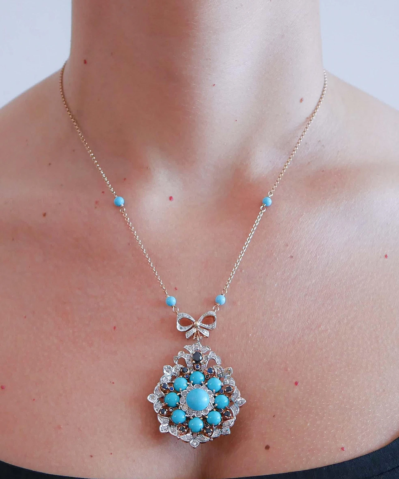 Magnesite, Turquoise, Sapphires, Diamonds, Rose Gold and Silver Pendant Necklace 6