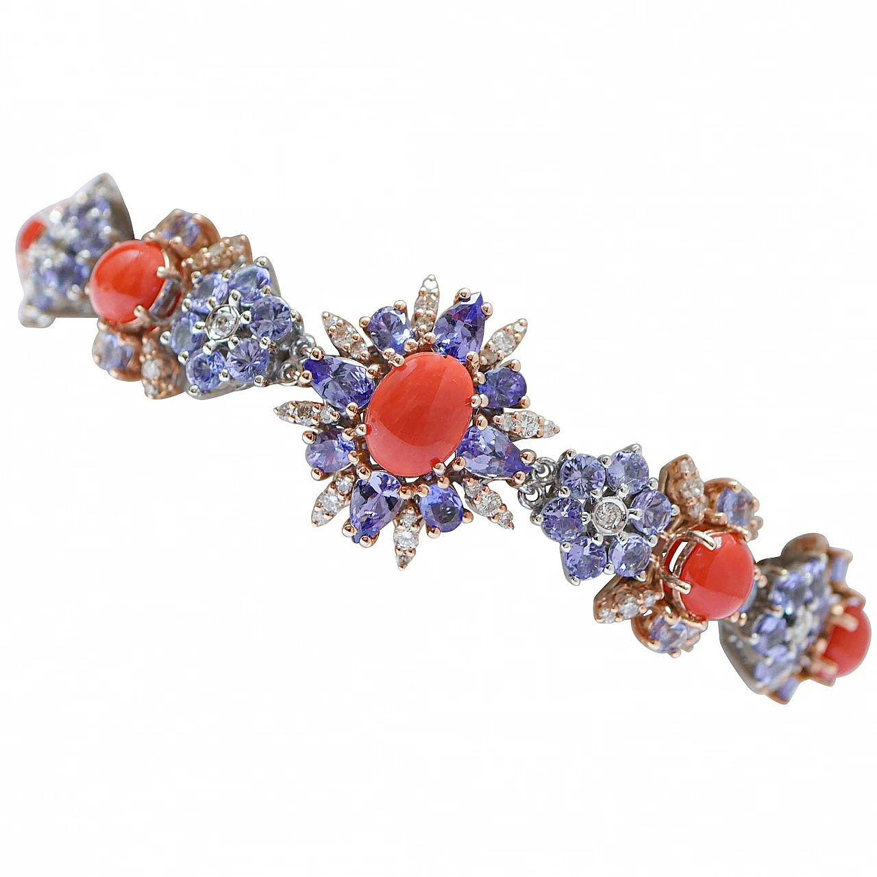 Coral, tanzanite, diamonds, 14 kt rose gold and white gold bracelet 1