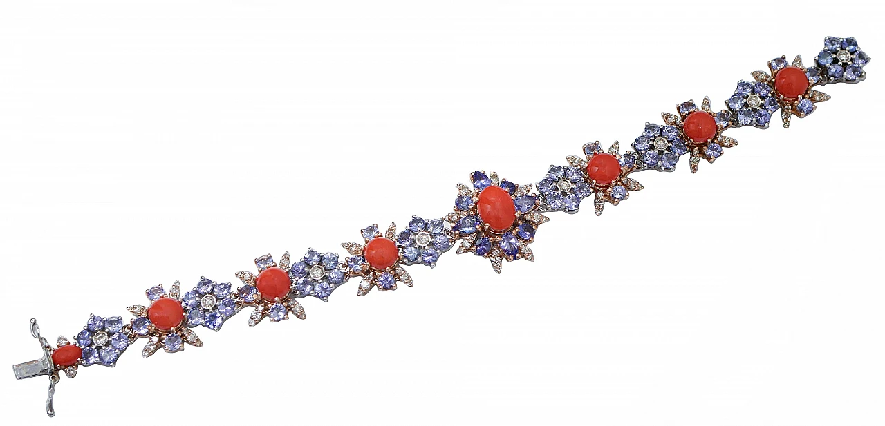 Coral, tanzanite, diamonds, 14 kt rose gold and white gold bracelet 2