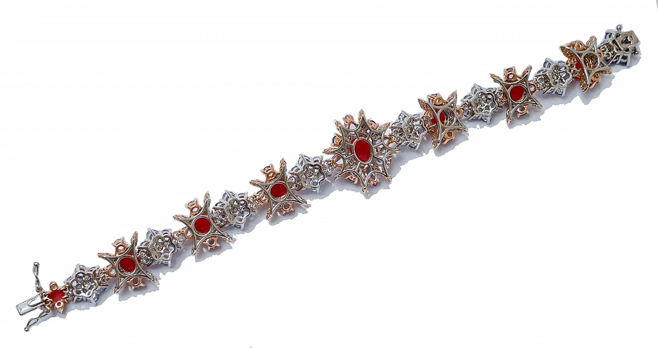 Coral, tanzanite, diamonds, 14 kt rose gold and white gold bracelet 3