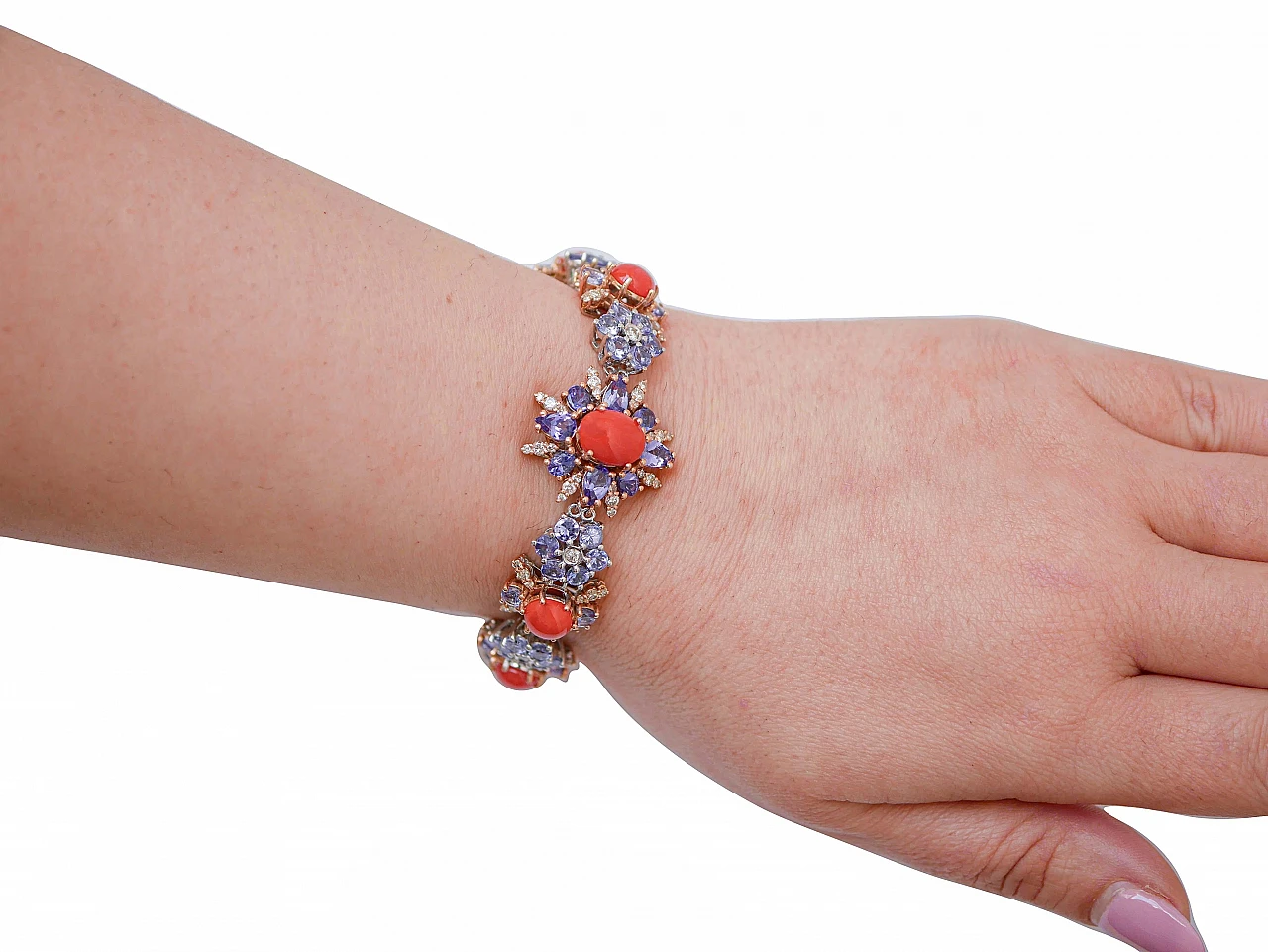 Coral, tanzanite, diamonds, 14 kt rose gold and white gold bracelet 4