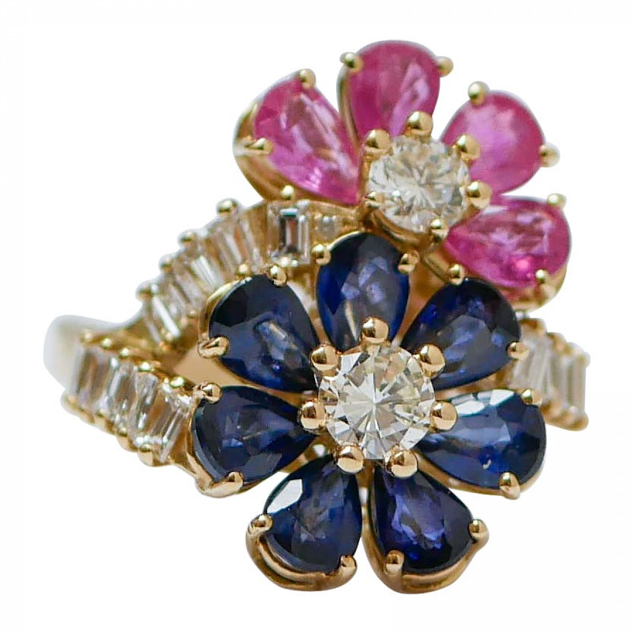 18K yellow gold ring with rubies, sapphires, diamonds, 1970s 1