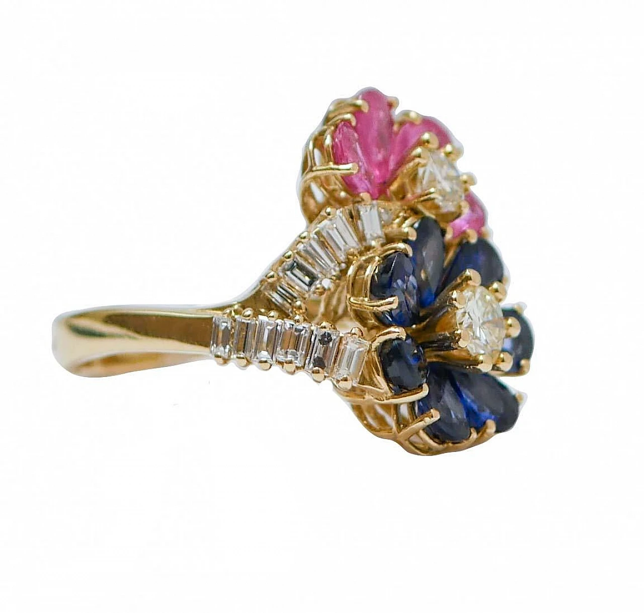 18K yellow gold ring with rubies, sapphires, diamonds, 1970s 2