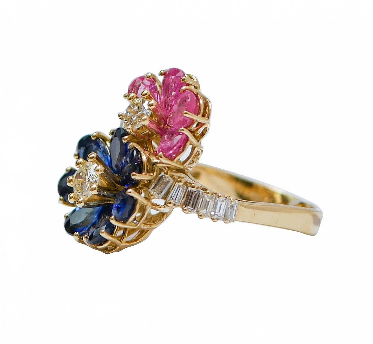 18K yellow gold ring with rubies, sapphires, diamonds, 1970s 3