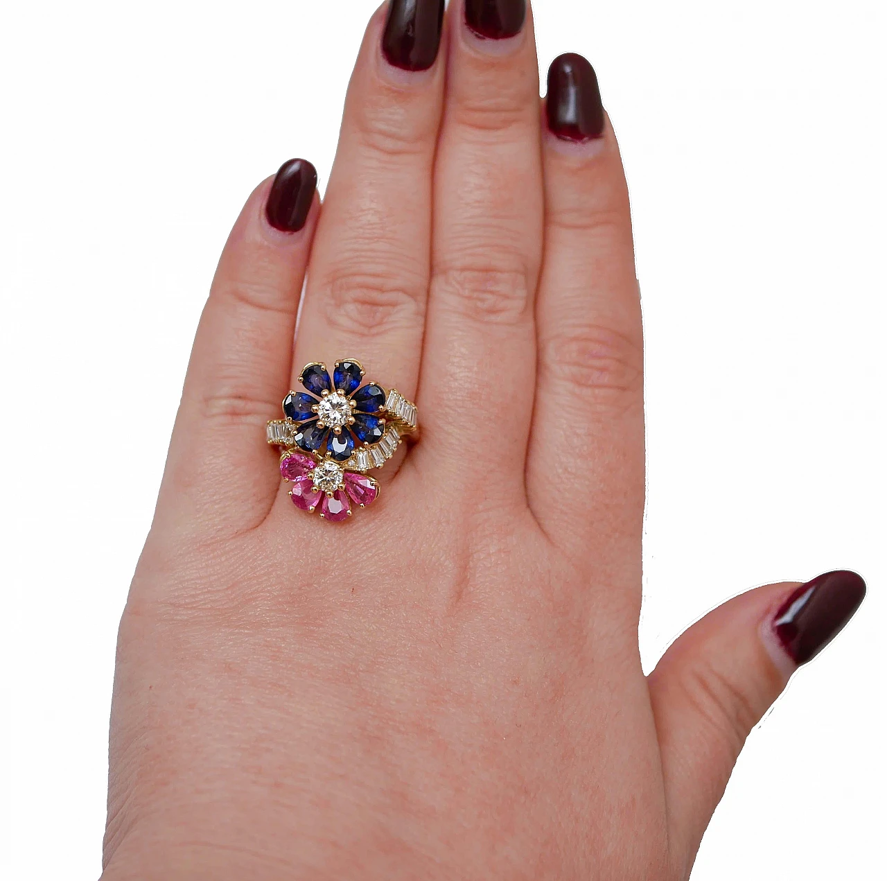 18K yellow gold ring with rubies, sapphires, diamonds, 1970s 5