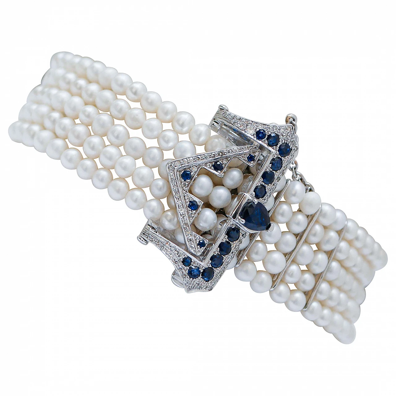 14 Kt white gold bracelet with pearls, sapphires and diamonds, 1960s 1