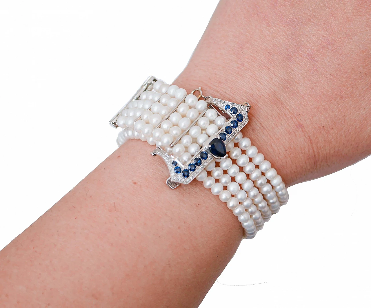 14 Kt white gold bracelet with pearls, sapphires and diamonds, 1960s 6