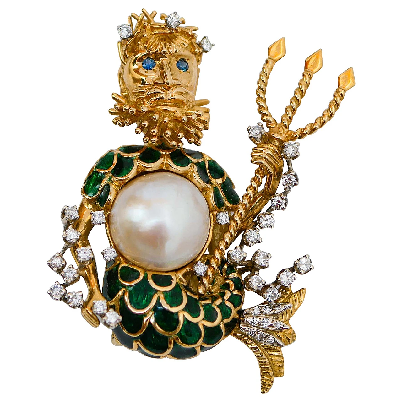 18 kt yellow gold brooch with pearl, sapphires, diamonds and enamel 1