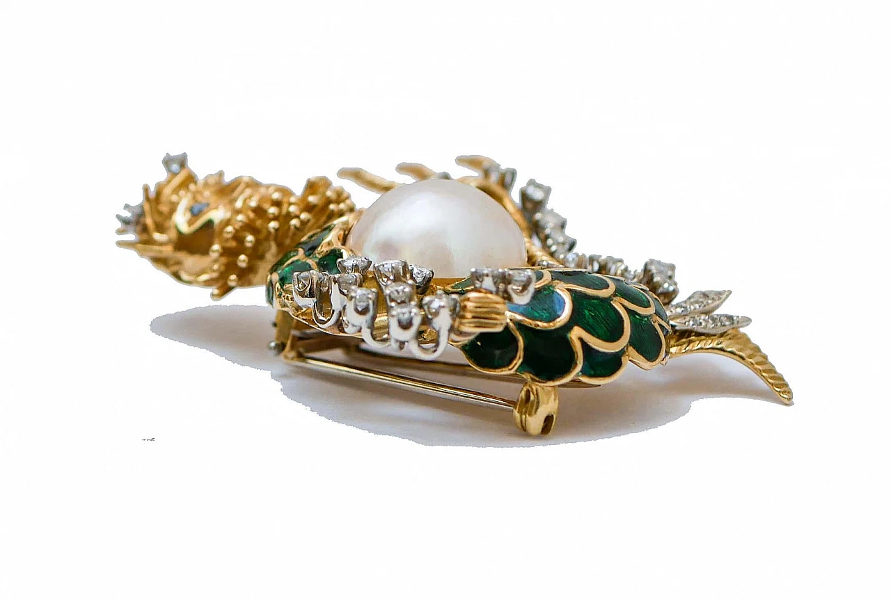 18 kt yellow gold brooch with pearl, sapphires, diamonds and enamel 2