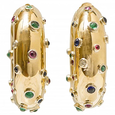 Yellow gold earrings rubies, emeralds, sapphires, stones, diamonds