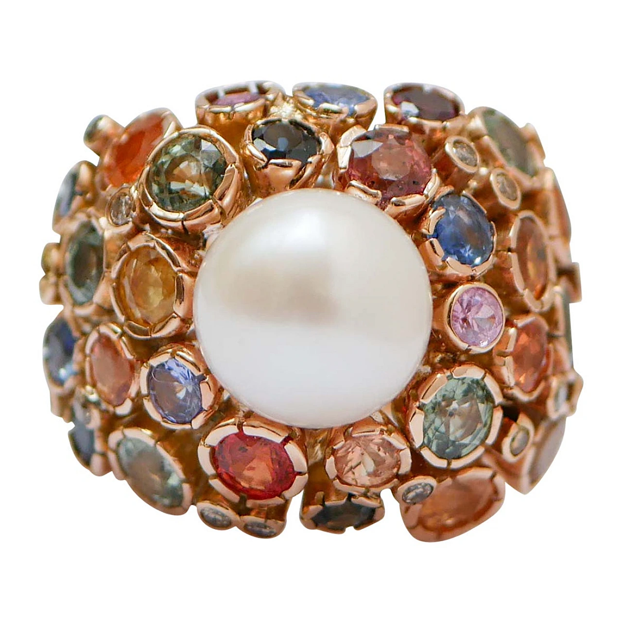 Rose gold cluster ring with white pearl, sapphires and diamonds 1