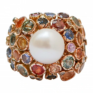 Rose gold cluster ring with white pearl, sapphires and diamonds