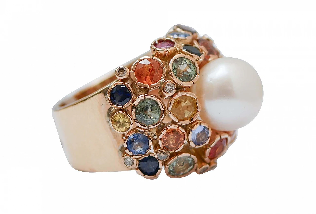 Rose gold cluster ring with white pearl, sapphires and diamonds 2