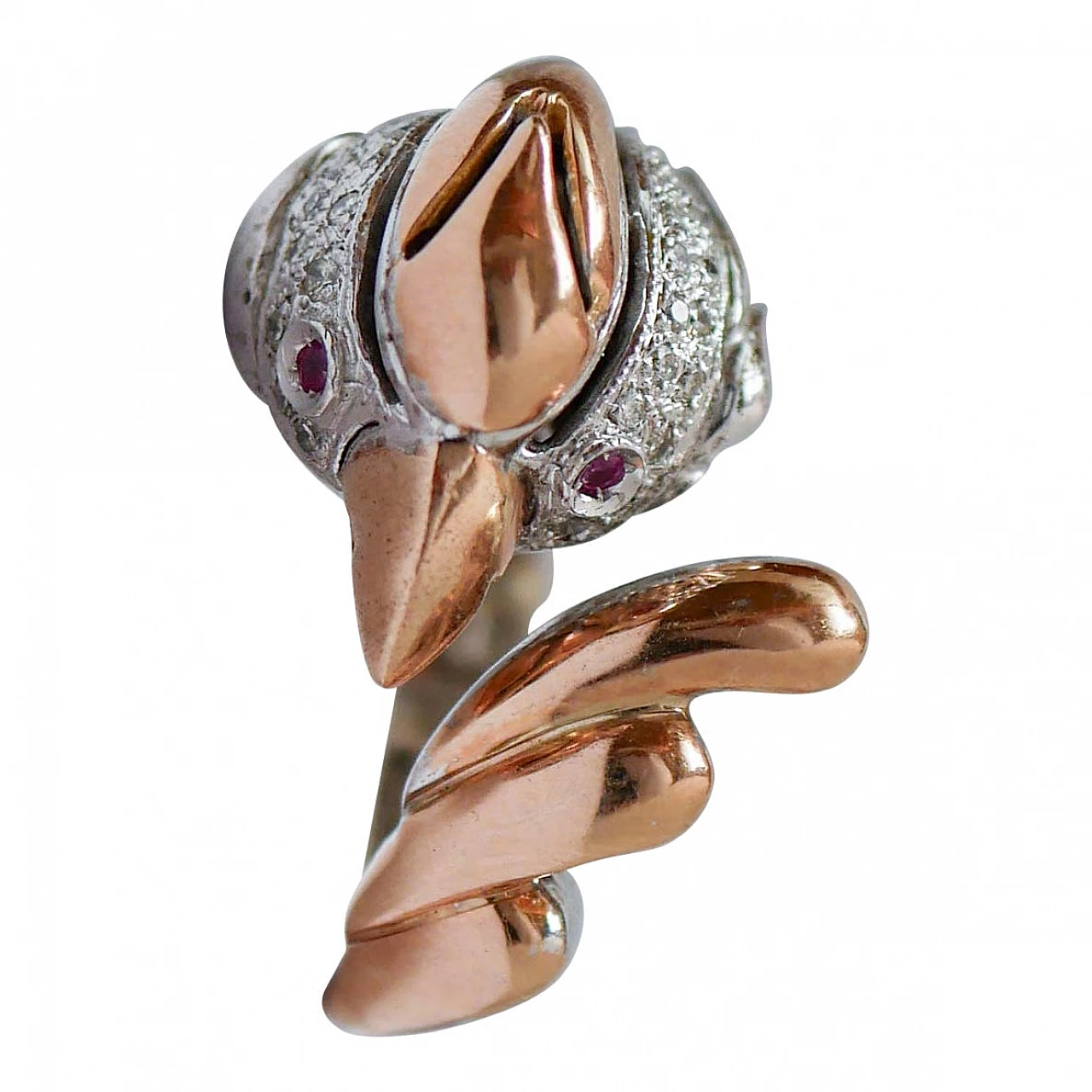 Parot ring in 14 kt pink and white gold with rubies and diamonds 1