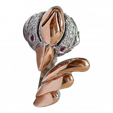 Parot ring in 14 kt pink and white gold with rubies and diamonds