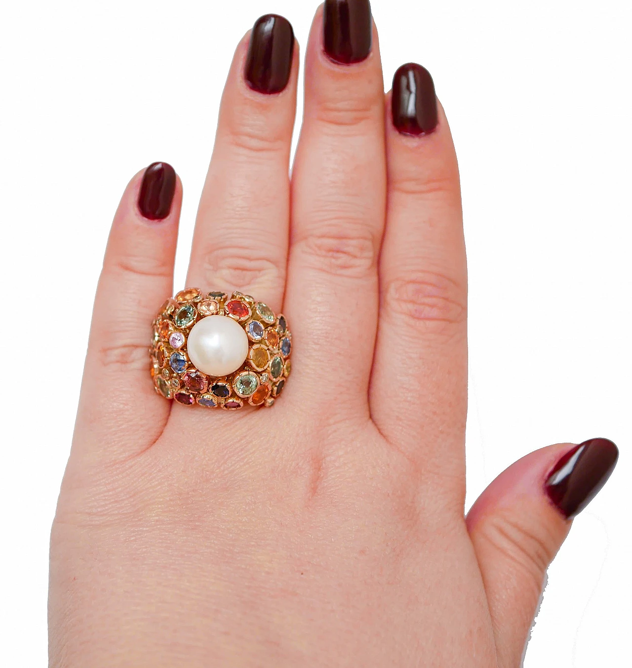 Rose gold cluster ring with white pearl, sapphires and diamonds 4