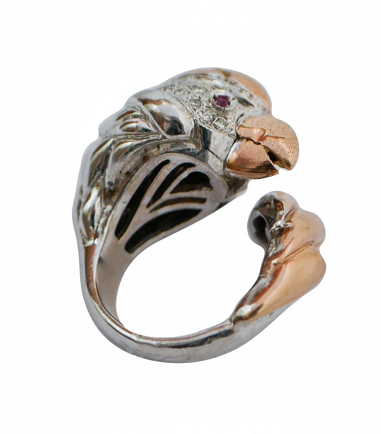 Parot ring in 14 kt pink and white gold with rubies and diamonds 3