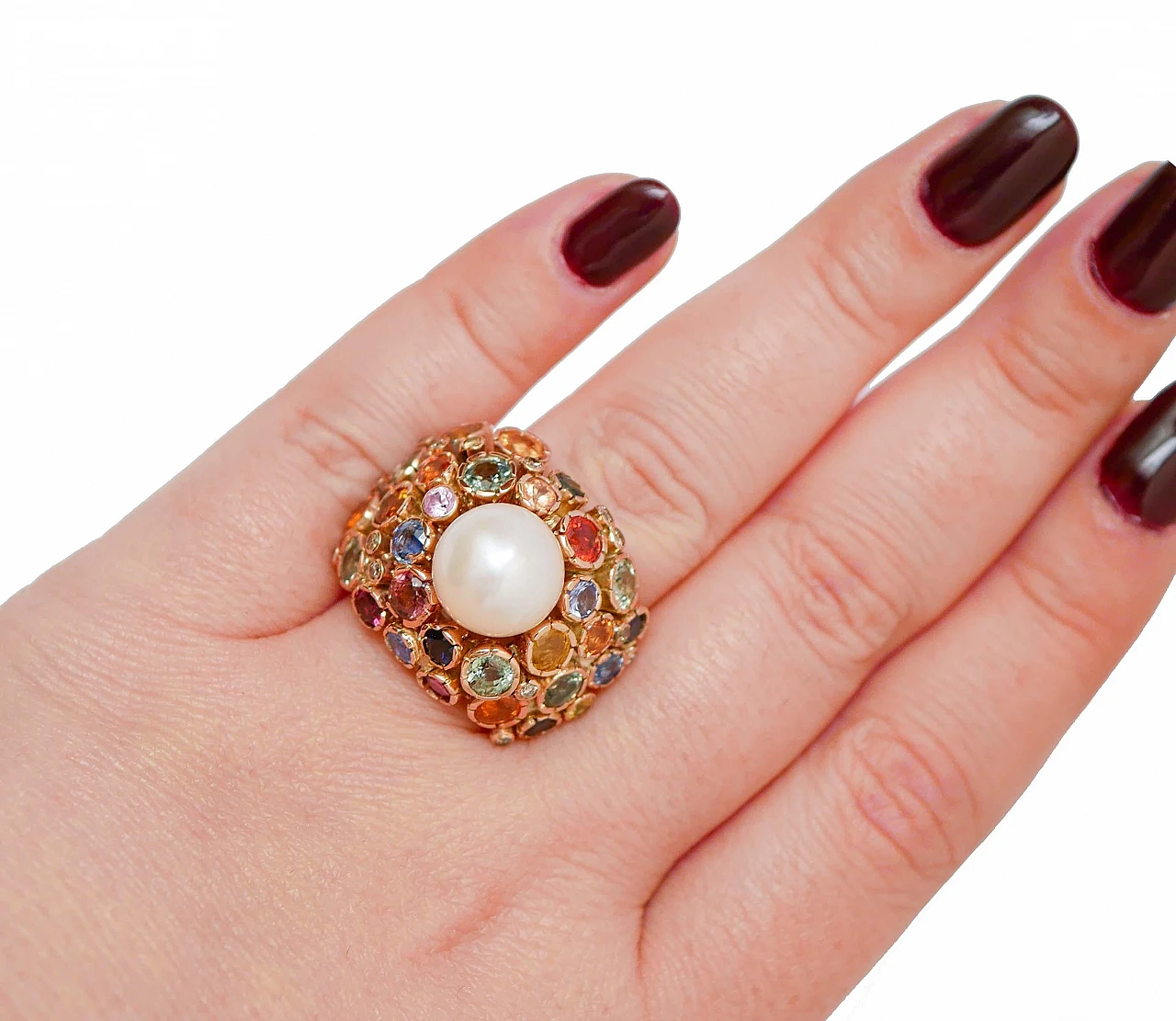 Rose gold cluster ring with white pearl, sapphires and diamonds 5