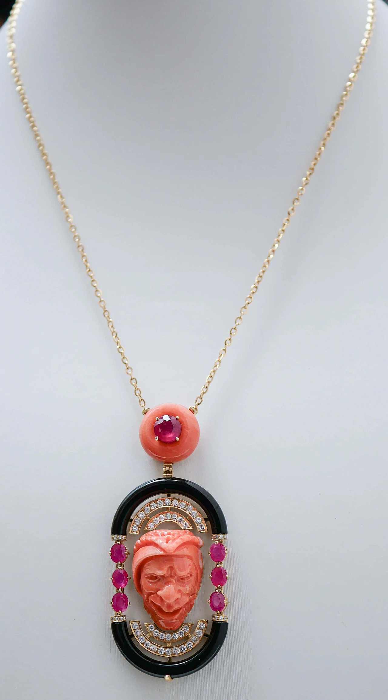 18K yellow gold necklace Coral, rubies, onyx and diamonds 2