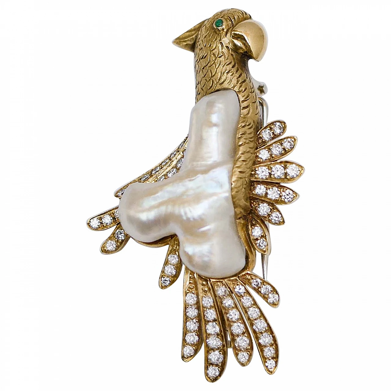 Parot brooch in 18 kt yellow gold, baroque pearls, emerald, diamonds 1