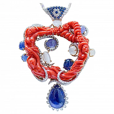 Pendant in 18-carat gold and diamonds, sapphires, tanzanite and coral