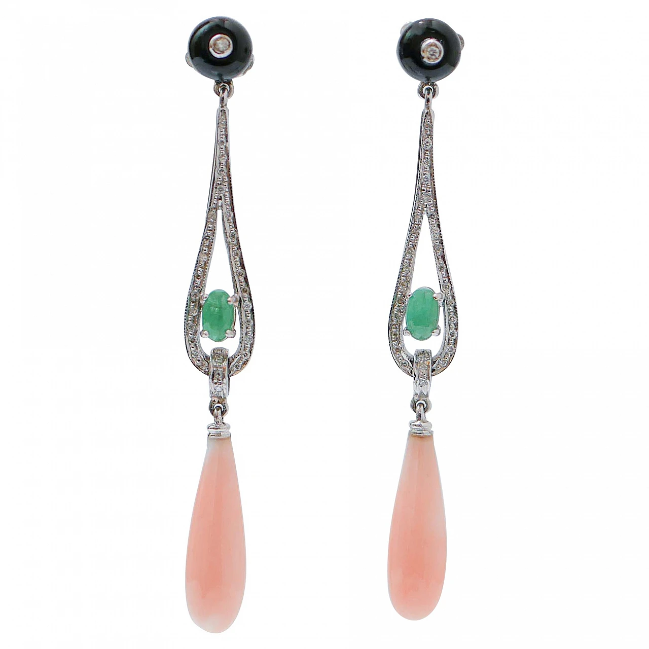 Pendant earrings in platinum, coral, emeralds, onyx, diamonds 1